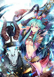  armor blue_hair breasts chains chariot chinese_commentary commentary_request dkaki fantasy female headdress horse horseback_riding large_breasts long_hair midriff original purple_eyes riding scale_armor sidelocks skeleton_horse skull sparkle underboob 