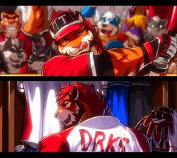  2016 anthro baseball_(sport) baseball_bat baseball_cap baseball_tiger baseball_uniform bat_(object) beard black_body black_fur black_nose blonde_hair blue_body blue_fur blush brown_body brown_fur canid canine canis cheering closed_eyes clothed clothing crowd depth_of_field detailed_background digital_media_(artwork) domestic_dog drks ears_back facial_hair fangs felid fur goatee grey_body grey_fur group hair hat headgear headwear hi_res inside letterbox licking licking_lips locker_room looking_at_viewer looking_back male mammal multicolored_body multicolored_fur multiple_scenes one_eye_closed orange_body orange_fur outside pantherine pink_tongue pivoted_ears purple_body purple_fur red_eyes red_hair redick self_lick smile solo_focus sport sportswear teeth tiger tongue tongue_out two_tone_body two_tone_fur uniform white_body white_fur white_hair wolf 