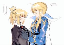  2girls ahoge artoria_pendragon_(fate) artoria_pendragon_(lancer)_(fate) artoria_pendragon_(lancer)_(formal_dress)_(fate) black_necktie blonde_hair blush chinese_commentary commentary_request fate/grand_order fate_(series) formal from_side gloves green_eyes holding_necktie long_hair long_sleeves looking_at_another mordred_(fate) mordred_(fate/apocrypha) mordred_(formal_dress)_(fate) mother_and_daughter multiple_girls necktie ponytail sidelocks upper_body white_background yorukun 