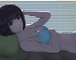  black_hair blue_bra blue_eyes blue_panties blunt_bangs bob_cut bra breasts cleavage closed_mouth commentary_request female green_bra green_panties hand_in_own_hair hand_on_own_chest kamome-no-ashiniku kuzu_no_honkai lace lace-trimmed_bra lace_trim looking_at_viewer lying medium_breasts navel on_back panties pillow purple_eyes short_hair solo strap_gap sunglasses underwear underwear_only upper_body window_blinds yasuraoka_hanabi 