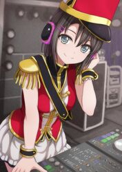  bad_id bad_twitter_id band_uniform bang_dream! black_hair blue_eyes blurry blurry_background dj epaulettes female hair_ornament hairclip hand_on_headphones hat headphones highres leaning_forward leaning_on_object looking_at_viewer mixing_table narafume okusawa_misaki sash shako_cap short_hair skirt smile solo stage_lights white_skirt wrist_cuffs 