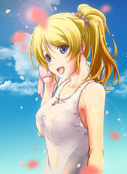  ayase_eli blonde_hair blue_eyes blush breasts commentary_request covered_nipples female long_hair love_live! love_live!_school_idol_project medium_breasts open_mouth ponytail slowpit smile solo towel 