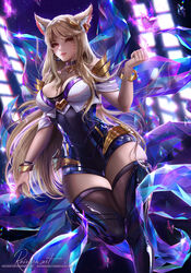  ahri_(league_of_legends) animal_ears blonde_hair breasts cleavage commentary crystal earrings english_commentary facial_mark female fox_ears fox_tail heart high_heels highres idol javier_estrada jewelry k/da_(league_of_legends) k/da_ahri league_of_legends leg_up lips long_hair medium_breasts official_alternate_costume parted_lips photoshop_(medium) signature swept_bangs tail thighhighs watermark whisker_markings yellow_eyes 