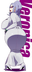  ass boots breasts character_name dress feet female from_behind full_body heroman highres huge_ass huge_breasts legs lipstick long_hair long_sleeves plump puffy_nipples purple_hair red_lips shadow sideboob simple_background solo standing sunglasses tetrodotoxin thighs veronica_(heroman) white_background white_dress 