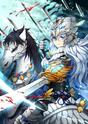  armor armored_dress bell blood blue_hair chinese_commentary commentary_request dkaki fantasy female headdress horse horseback_riding original riding solo sword valkyrie weapon white_hair 