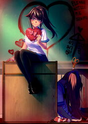  2girls ai_ai_gasa ayano_aishi bakki black_footwear black_hair blood blood_on_clothes blood_on_face brown_eyes chalkboard commentary corpse english_commentary heart highres long_hair looking_at_viewer multiple_girls osana_najimi_(yandere_simulator) pantyhose petals school_uniform scissors serafuku shoes sitting yandere yandere_simulator 