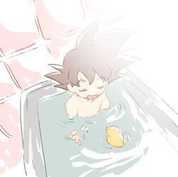  1boy bath bathing bathtub bird black_hair closed_eyes commentary_request covering_privates dragon_ball dragon_ball_z duck happy kameno_(nameko_ziru_n) male_focus nude nude_cover open_mouth smile solo son_goten spiked_hair water 