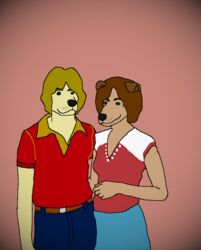  1970s bird_dog blonde_hair blue_eyes bottomwear brown_hair canid canine canis clothing collie denim denim_bottomwear denim_clothing digital_media_(artwork) domestic_dog female generalrusty78 green_eyes hair herding_dog hunting_dog jeans labrador male mammal mary_king pants paradise_city_stories pastoral_dog retriever sheepdog skirt steven_reynolds 