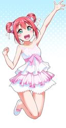  armpits arms_up blush bow breasts commentary_request double_bun dress earrings female frilled_dress frills green_eyes hair_between_eyes hair_bun hair_ornament hair_ribbon hand_up jewelry kurosawa_ruby looking_at_viewer love_live! love_live!_sunshine!! necklace open_mouth pink_bow polka_dot polka_dot_background red_hair ribbon small_breasts smile solo strapless strapless_dress thank_you_friends!! white_dress white_footwear yopparai_oni 