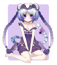  babydoll bare_shoulders barefoot bat_wings between_legs bloomers blush bow braid breasts cleavage collarbone commentary_request double_bun female hair_bun hair_ornament haku_(p&amp;d) long_hair looking_at_viewer low_wings medium_breasts multicolored_hair photoshop_(medium) purple_bow purple_eyes purple_ribbon puzzle_&amp;_dragons ribbon sitting solo strap_slip tail tail_ornament tail_ribbon takoyaki_kenken twin_braids two-tone_hair underwear v_arms very_long_hair wings yokozuwari 