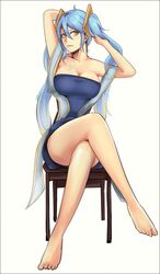  adjusting_hair bad_link barefoot blue_hair breasts cal_(pmgdd) chair cleavage crossed_legs dress female full_body hair_ornament large_breasts league_of_legends long_hair photoshop_(medium) short_dress simple_background sitting solo sona_(league_of_legends) twintails very_long_hair white_background yellow_eyes 