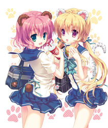  2girls animal_ears bag blonde_hair blue_eyes drink food happy long_hair multiple_girls narinn pink_hair red_eyes ribbon school_bag school_uniform short_hair tail twintails 