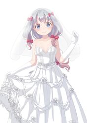  absurdres bad_id bad_pixiv_id blue_eyes blue_hair blush breasts breasts_apart bride closed_mouth collarbone dress elbow_gloves eromanga_sensei female flower gloves hair_between_eyes highres izumi_sagiri long_hair looking_at_viewer maka_neko rose simple_background skirt_hold small_breasts smile solo standing strapless strapless_dress veil very_long_hair wedding_dress white_background white_dress white_flower white_gloves white_rose 