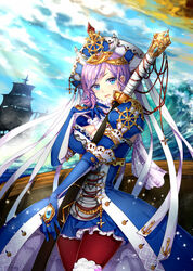  blue_eyes boat chinese_commentary commentary_request dkaki dress elbow_gloves female gloves huge_weapon long_hair original pantyhose pirate purple_hair sheath sheathed solo watercraft weapon 