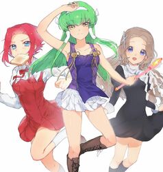  3girls aoba_tsugumi aoba_tsugumi_(cosplay) bare_shoulders blue_eyes boots bread bread_slice breasts brown_hair c.c. code_geass commentary_request cosplay cross food food_in_mouth frown green_hair hair_tubes hairband kannagi kouzuki_kallen long_hair miniskirt mouth_hold multiple_girls nagi_(kannagi) nagi_(kannagi)_(cosplay) nun nunnally_vi_britannia open_mouth pleated_skirt purple_eyes red_hair short_hair skirt smile sumi_otto toast toast_in_mouth unusually_open_eyes very_long_hair wand white_skirt yellow_eyes zange zange_(cosplay) 