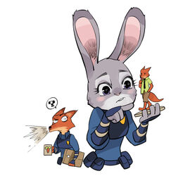  1:1 2016 anthro blush buckteeth canid canine carrot clothing digital_media_(artwork) disney duo envelope female figurine food fox inner_ear_fluff judy_hopps lagomorph leporid long_ears male mammal nick_wilde plant police police_uniform purple_eyes question_mark rabbit red_fox rukidorifuto simple_background size_difference spit-take teeth true_fox tuft uniform vegetable zootopia 