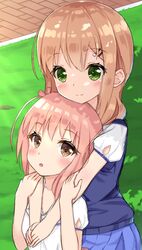  2girls :o bad_id bad_pixiv_id blue_skirt blush brown_eyes closed_mouth commentary_request day green_eyes hair_between_eyes hair_ornament hairclip ichinose_hana light_brown_hair long_hair looking_at_viewer multiple_girls one_side_up outdoors parted_lips pleated_skirt puffy_short_sleeves puffy_sleeves shirt short_sleeves skirt slow_start smile sutei_(xfzdarkt) tokura_eiko white_shirt 