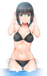  absurdres aqua_eyes bikini black_bikini black_hair breasts chiyo_goya commentary english_commentary female fubuki_(kancolle) highres kantai_collection low_ponytail medium_breasts ponytail short_hair simple_background smile solo swimsuit 