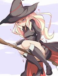  agnes_(gegege_no_kitarou_6) bangs black_footwear black_hat black_shirt black_skirt blonde_hair blue_sky blush boots breasts broom broom_riding broomstick cloud day eyebrows_visible_through_hair female female flying full_body gegege_no_kitarou hair_between_eyes half-closed_eyes hat have_to_pee highres japanese_text knee_boots long_hair long_sleeves miniskirt muroi_(fujisan0410) nose_blush open_mouth outdoors pleated_skirt pointy_shoes purple_eyes shirt shoes skirt sky small_breasts solo sweat tears translation_request trembling waist_cape witch witch_hat 