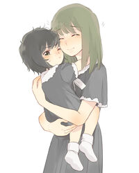  2girls age_difference aged_down bad_id bad_pixiv_id carrying cheek-to-cheek cheek_squash commentary_request flowers_(innocent_grey) heads_together keiya lolicon medium_hair multiple_girls no_shoes photoshop_(medium) ribbon school_uniform short_hair simple_background sweatdrop takasaki_chidori time_paradox white_background white_legwear white_ribbon yaegaki_erika 