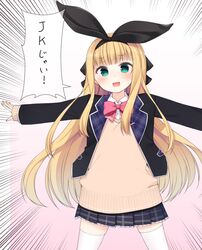  :3 :d bad_id bad_twitter_id black_bow black_hairband black_jacket blonde_hair blue_skirt blunt_bangs blush bow bowtie collared_shirt commentary cosplay cowboy_shot emphasis_lines female green_eyes hairband hairbow huge_bow jacket legs_apart long_hair looking_at_viewer mononobe_alice nekoume nijisanji open_clothes open_jacket open_mouth pink_background pink_bow pink_bowtie pleated_skirt shirt skirt smile solo standing sweater thighhighs translated tsukino_mito tsukino_mito_(cosplay) virtual_youtuber white_shirt white_thighhighs wing_collar 