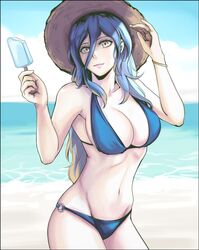  alternate_hairstyle bad_link bikini blonde_hair blue_bikini blue_hair bracelet breasts cal_(pmgdd) cleavage female food gradient_hair hat jewelry large_breasts league_of_legends long_hair multicolored_hair navel o-ring o-ring_bikini ocean popsicle solo sona_(league_of_legends) straw_hat swimsuit yellow_eyes 