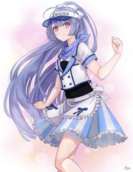  1boy apron blue_hair blush commentary_request crossdressing highres hirayama_ityu i-chu kagurazaka_runa long_hair male_focus otoko_no_ko purple_eyes purple_hair scarf skirt smile solo visor_cap waist_apron 