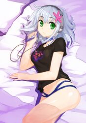  amagi_brilliant_park bed_sheet blue_hair breasts digital_media_player female flower green_eyes hair_flower hair_ornament headphones looking_at_viewer lying medium_breasts muse_(amaburi) on_bed on_side orz_(orz57) panties pink_thighhighs shirt short_hair solo t-shirt thighhighs underwear 