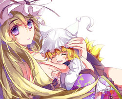  2girls aged_down animal_ears bad_deviantart_id bad_id blizzomos blonde_hair blush bow breasts cleavage closed_eyes deviantart_sample fox_ears fox_tail hairbow hat hat_ribbon image_sample large_breasts lolicon long_hair long_sleeves looking_at_viewer mob_cap multiple_girls multiple_tails open_mouth purple_eyes ribbon short_hair simple_background smile tail touhou white_background wide_sleeves yakumo_ran yakumo_yukari 