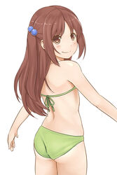  ass bad_id bad_pixiv_id bikini brown_eyes brown_hair commentary_request female from_behind green_bikini hair_bobbles hair_ornament long_hair looking_back minami-ke mo-fu simple_background smile solo swimsuit uchida_yuka white_background 