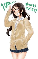  absurdres bad_id bad_twitter_id black_hair brown_eyes cardigan female grin highres long_hair looking_at_viewer milestone_celebration miniskirt nakajima_ryou original pleated_skirt salute school_uniform simple_background skirt smile solo standing thank_you translated 