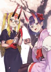  2girls :d alcohol bespectacled black-framed_eyewear black_kimono black_legwear blonde_hair bottle bow brown_eyes commentary_request facial_mark fangs fate/grand_order fate_(series) floral_print fur_trim glasses grin hair_ornament hair_scrunchie hat highres holding holding_bottle horns ibaraki_douji_(dress_for_demons)_(fate) ibaraki_douji_(fate) japanese_clothes kimono long_hair long_sleeves looking_at_viewer masu mini_hat multiple_girls oni open_mouth outdoors petals pink_hat pink_kimono pointy_ears print_kimono purple_eyes purple_hair purple_scrunchie red_bow round_eyewear sake sake_bottle saruchitan scrunchie short_hair short_kimono shuten_douji_(dress_for_demons)_(fate) shuten_douji_(fate) sidelocks sitting skin-covered_horns smile standing thick_eyebrows thighhighs tree twintails wide_sleeves 