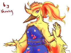  4:3 anthro anthrofied asian_clothing avian clothing east_asian_clothing european_mythology female fuega_(velociripper) generation_1_pokemon greek_mythology hi_res japanese_clothing kimono legendary_pokemon moltres mythological_avian mythological_bird mythological_creature mythological_firebird mythology nintendo phoenix pokemon pokemon_(species) pokemorph simple_background solo verelin white_background 