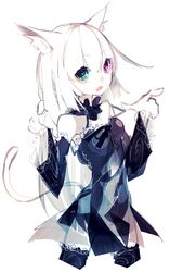  animal_ears bare_shoulders black_thighhighs blue_eyes cat_ears cat_tail commentary_request dress female heterochromia highres long_hair oerba_yun_fang open_mouth original paw_pose purple_eyes ribbon riuichi simple_background solo tail thighhighs white_background white_hair 