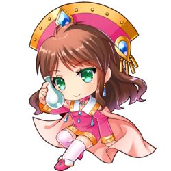  atelier_(series) atelier_elie atelier_viorate bad_id bad_pixiv_id beaker cape chibi choker closed_mouth collared_dress commentary_request diamond_(shape) dress earrings eisel_weimar eyebrows eyelashes female full_body gem green_eyes headdress holding jewelry long_hair long_sleeves looking_at_viewer makokb no_nose pink_cape pink_choker pink_dress pink_footwear puffy_long_sleeves puffy_sleeves shoes short_dress smile solo thighhighs transparent_background white_thighhighs zettai_ryouiki 