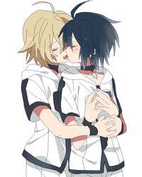  2boys bad_id bad_pixiv_id black_hair blonde_hair camelot closed_eyes hug hug_from_behind hyakuya_mikaela hyakuya_yuuichirou kissing male_focus multiple_boys owari_no_seraph yaoi 