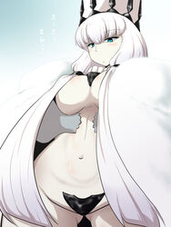  abyssal_ship blue_eyes breasts capelet commentary_request crotch_plate female goma_(gomasamune) hat highres kantai_collection large_breasts long_hair navel northern_water_princess solo translated white_hair 