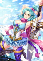  ahoge armor blue_hair breasts chinese_commentary cleavage commentary_request dkaki fantasy female greatsword greaves hair_bobbles hair_ornament huge_weapon large_breasts original sidelocks solo sword sword_behind_back thighhighs weapon yellow_eyes 