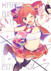  2017 ;d blush breasts character_name commentary_request detached_sleeves drill_hair eyelashes female fingerless_gloves flower gloves hair_flower hair_ornament happy_birthday headphones kasane_teto long_hair medium_breasts midriff navel necktie one_eye_closed open_mouth petals pleated_skirt red_eyes red_hair sakura_teto shiny_skin sinaooo skirt smile solo thighhighs utau 