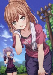  2girls absurdres bad_id bad_twitter_id bang_dream! black_shirt blurry blurry_background bottle brown_hair clothes_writing commentary_request day grey_eyes group_name hand_on_own_leg highres holding holding_bottle imai_lisa leaning_forward multiple_girls narafume open_mouth outdoors pants ponytail purple_hair purple_shirt red_eyes red_shirt shirt sidelocks smile t-shirt towel towel_around_neck tree twintails udagawa_ako utility_pole water_bottle 