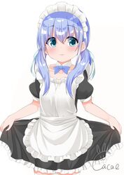  :3 absurdres apron bad_id bad_twitter_id black_shirt black_skirt blue_bow blue_eyes blue_hair blush bow bowtie cacao_(chocolat) choker collarbone commentary cowboy_shot female frilled_apron frilled_skirt frills highres long_hair looking_to_the_side maid maid_headdress nijisanji shirt short_sleeves signature simple_background skirt skirt_hold solo standing twintails virtual_youtuber white_apron white_background yuuki_chihiro 