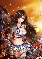  armor breasts brown_hair chinese_commentary cleavage commentary_request dkaki fantasy female gauntlets headband large_breasts long_hair midriff miniskirt original pauldrons polearm purple_eyes shoulder_armor skirt solo spear thighhighs weapon 