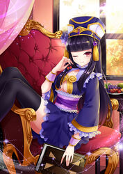  black_hair black_thighhighs book center_opening chinese_commentary commentary_request dkaki female hat headdress lolita_fashion long_hair one_eye_closed original red_eyes sidelocks sitting solo thighhighs wa_lolita 