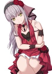  armband bad_id bad_twitter_id bang_dream! breasts brooch choker cleavage commentary_request crossed_legs dress earrings female flower grey_hair hair_flower hair_ornament hairband hand_on_own_elbow hand_up highres jewelry lace long_hair looking_at_viewer minato_yukina narafume necklace red_choker red_dress red_flower red_rose rose simple_background sitting small_breasts smile solo veil white_background wrist_cuffs yellow_eyes 