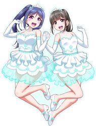  2girls :d armpit_crease arms_up black_eyes black_hair blue_hair blue_outline blush breasts brown_eyes clenched_hands commentary_request dress elbow_gloves frilled_dress frills gloves hair_between_eyes hair_ornament hands_up high_ponytail holding_hands lace looking_at_viewer love_live! love_live!_sunshine!! matsuura_kanan medium_breasts multiple_girls open_mouth outline ponytail purple_eyes round_teeth shoes sidelocks simple_background small_breasts smile suwa_nanaka teeth thank_you_friends!! tiara upper_teeth_only voice_actor voice_actor_connection white_background white_dress white_footwear white_gloves yopparai_oni 