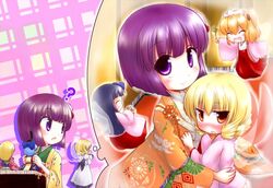  4girls ? blonde_hair blush closed_eyes commentary_request doll dress fairy hakama hakama_skirt hieda_no_akyuu hug imagining japanese_clothes kimono luna_child miko multiple_girls oerba_yun_fang open_mouth purple_eyes purple_hair red_eyes short_hair skirt smile star_sapphire sunny_milk thought_bubble touhou uho_(uhoyoshi-o) wings yuri 