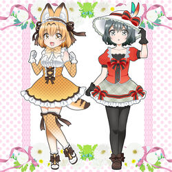  2girls :d :o adapted_costume animal_ears bare_shoulders black_gloves black_hair black_pantyhose blonde_hair bow bowtie clenched_hands commentary elbow_gloves flower footwear_bow frilled_skirt frills full_body gloves green_eyes hand_on_headwear hat hat_bow hat_feather headdress high-waist_skirt kaban_(kemono_friends) kemono_friends looking_at_viewer multiple_girls oerba_yun_fang open_mouth orange_bow orange_bowtie pantyhose photoshop_(medium) plaid plaid_skirt polka_dot polka_dot_gloves polka_dot_legwear polka_dot_skirt print_bow print_bowtie puffy_short_sleeves puffy_sleeves red_shirt ribbon serval_(kemono_friends) shirt shoes short_hair short_sleeves skirt sleeveless sleeveless_shirt smile tail thighhighs unmoving_pattern yellow_eyes yellow_gloves yellow_legwear yellow_skirt yukiko_haotome 