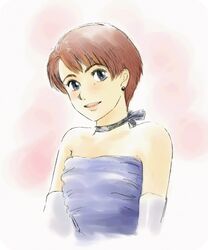  aimigogo alternate_costume bare_shoulders blue_eyes brown_hair choker commentary_request dress earrings elbow_gloves female formal gloves gown highres izumi_noa jewelry kidou_keisatsu_patlabor ribbon_choker short_hair simple_background sleeveless smile solo upper_body white_background 