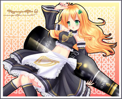  apron bare_shoulders black_nails black_socks bottle clover clover_hair_ornament commentary_request detached_collar detached_sleeves female guinness_(beer) hair_ornament harp instrument kneehighs lace_trim long_hair midriff mini_person minigirl nail_polish navel orange_hair personification photoshop_(medium) runawaywithyou shamrock socks solo strapless tube_top waist_apron 