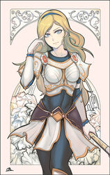  armor artist_name bad_link blonde_hair blue_eyes bodysuit boobplate breastplate cal_(pmgdd) capelet card_(medium) female hairband league_of_legends long_hair lux_(league_of_legends) skirt solo staff twirling_hair 